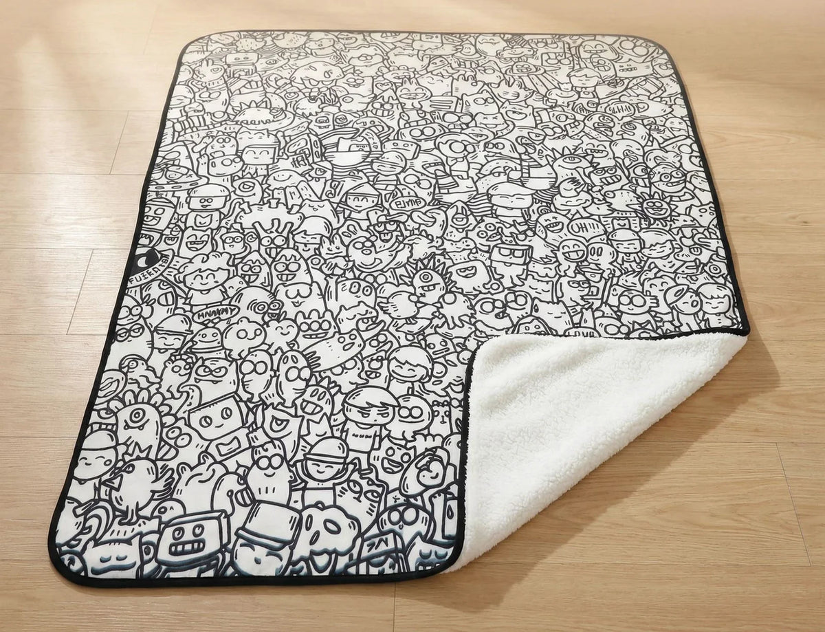 Tinta Blanket laid flat, uncoloured doodle design with sherpa reverse