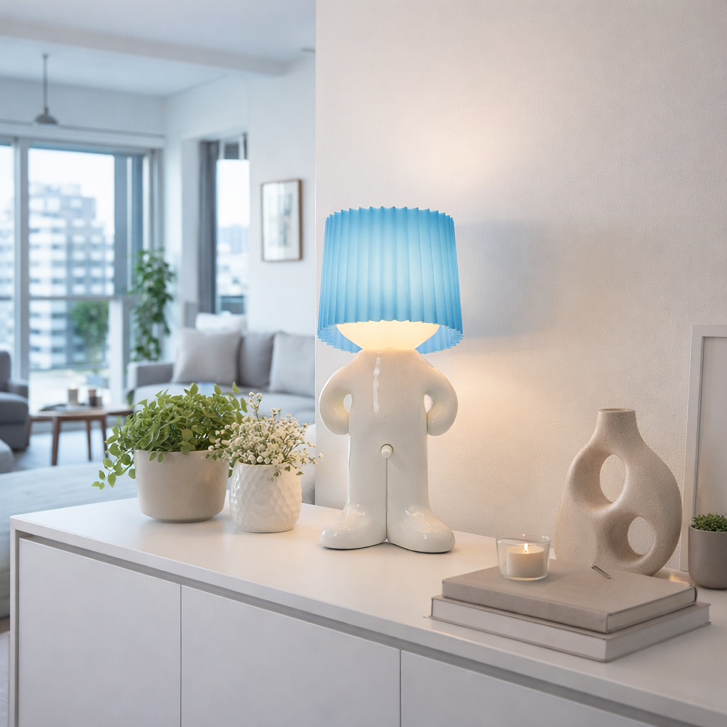 Leo Lamp blue on a sideboard