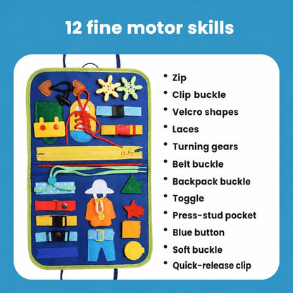 The 12 fine motor skills of the Lysby busy board: laces, zip, buckles, buttons