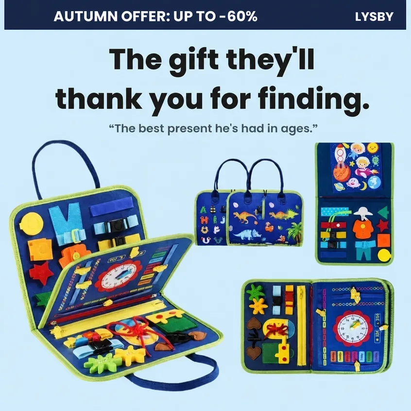 Blue Lysby busy board, fanned open with its activities: the gift they'll thank you for finding