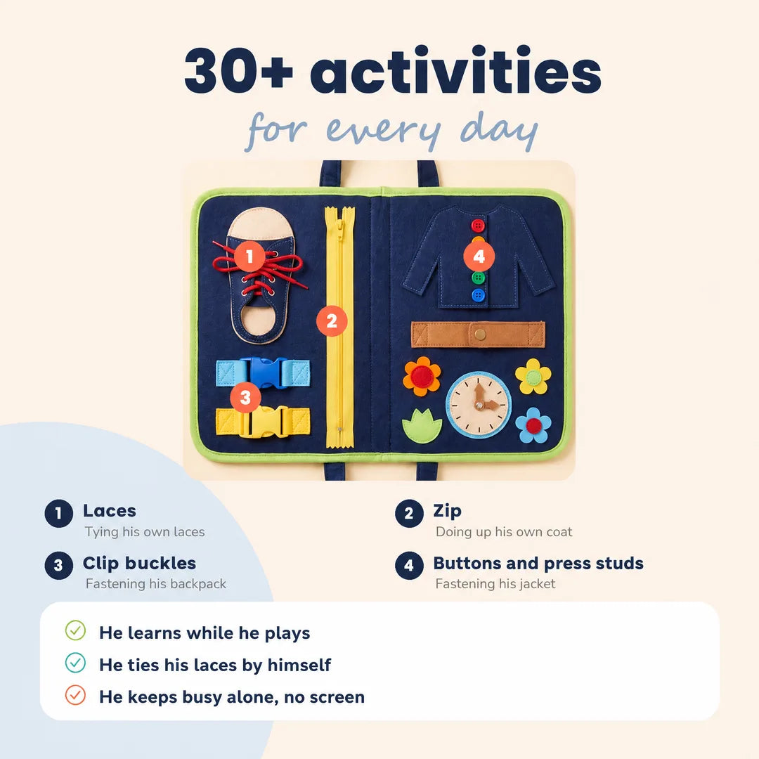 30+ everyday activities: laces, zip, clip buckles, buttons