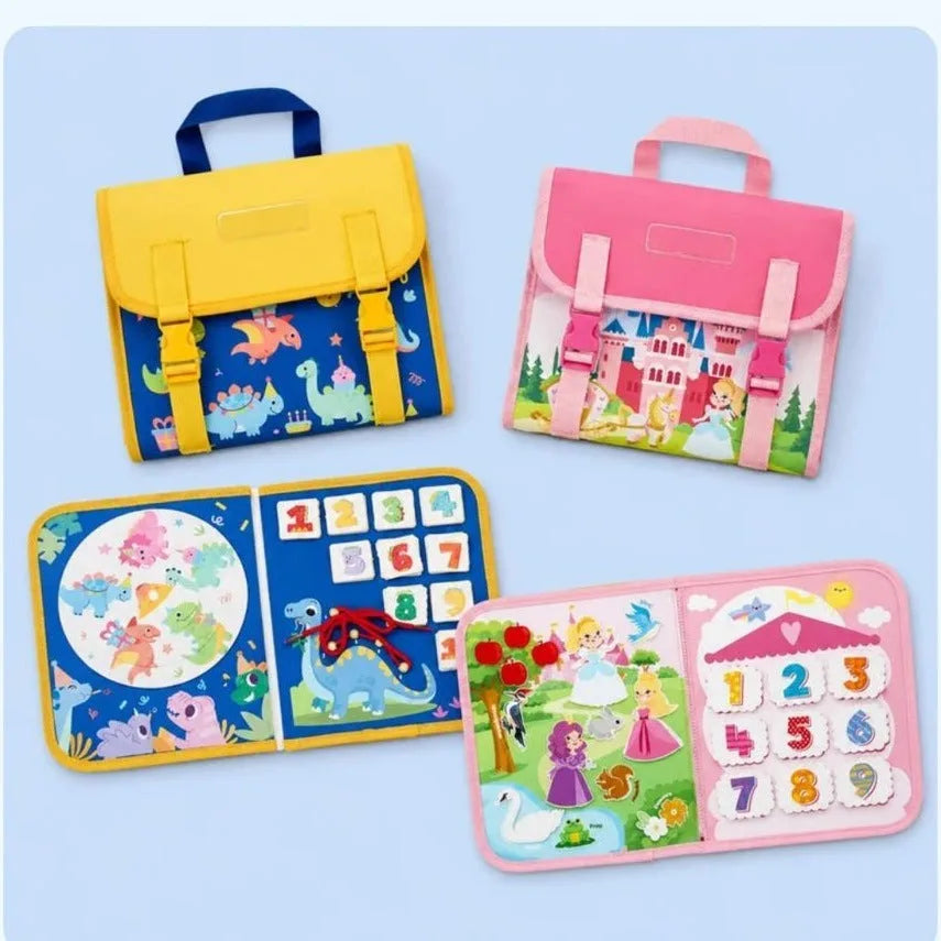 The two Lysby backpacks, dinosaur and princess, open and closed