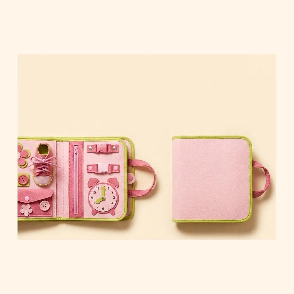The pink Duo Set: two Lysby busy boards, one open and one closed