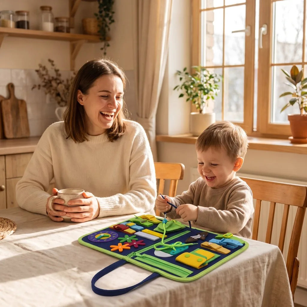 A mum laughing over her coffee while her son plays with the blue busy board