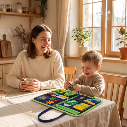 A mum laughing over her coffee while her son plays with the blue busy board