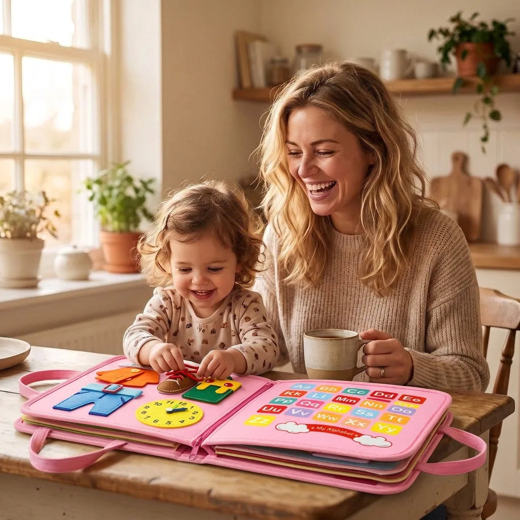 A mum laughing over her coffee while her daughter plays with the pink busy board