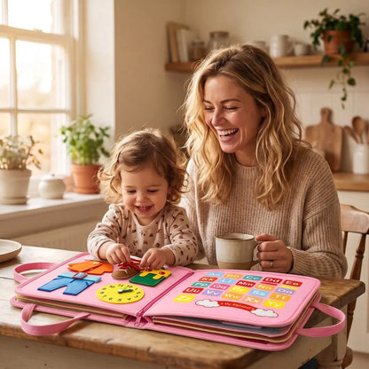 A mum laughing over her coffee while her daughter plays with the pink busy board