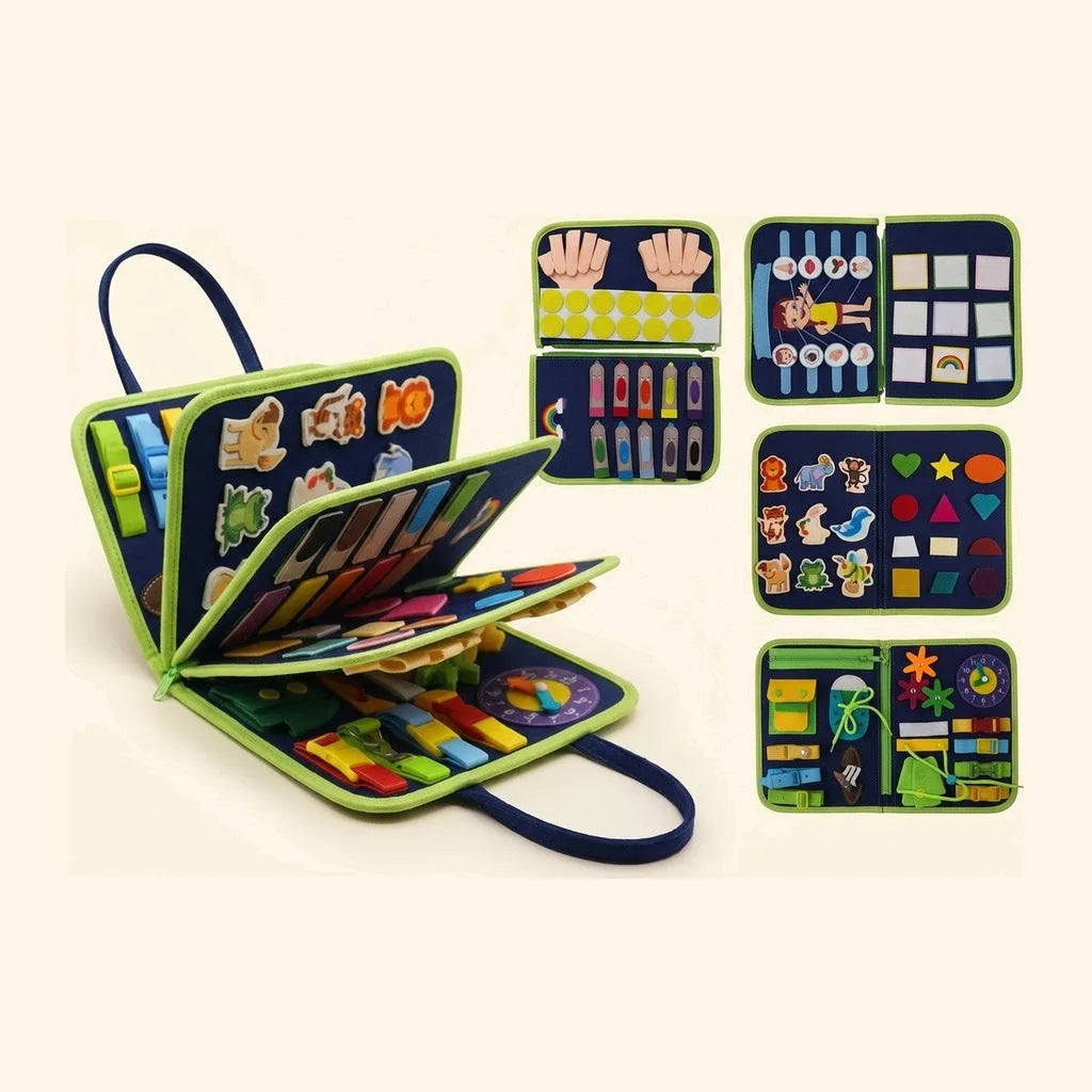 Blue Lysby busy board, Discovery Set: 8 felt pages fanned out