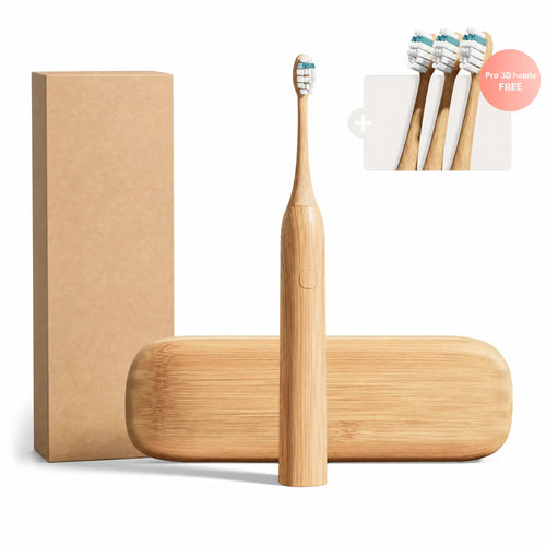 Lysby bamboo sonic toothbrush starter set with bamboo travel case, kraft box and three free Pro 3D brush heads