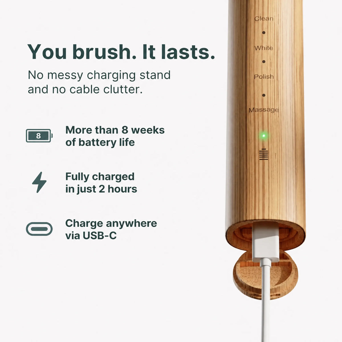More than 8 weeks of battery life, fully charged in 2 hours via USB-C