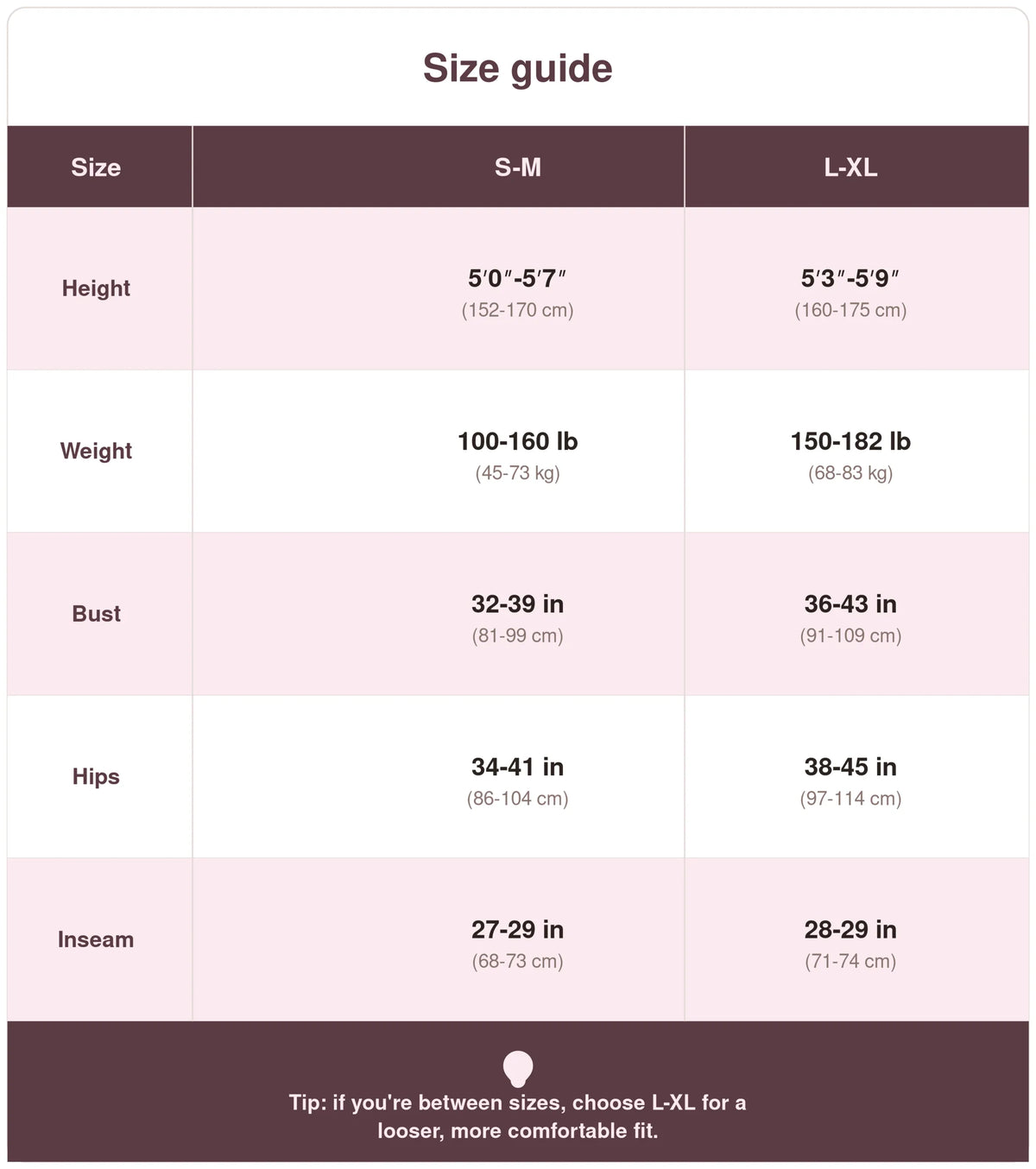 Cozy Set size guide
