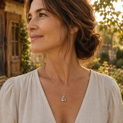 Woman wearing the Eternal Hug Necklace