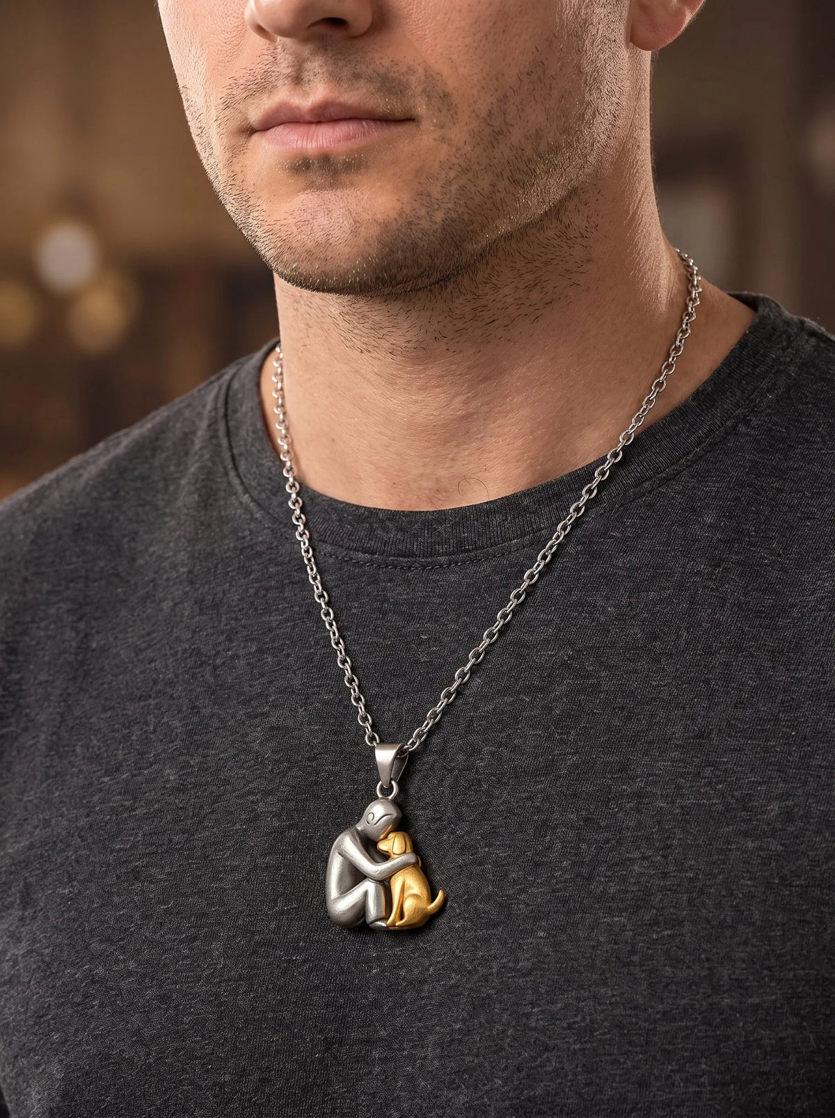 Man wearing the Eternal Hug Necklace