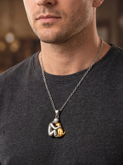 Man wearing the Eternal Hug Necklace