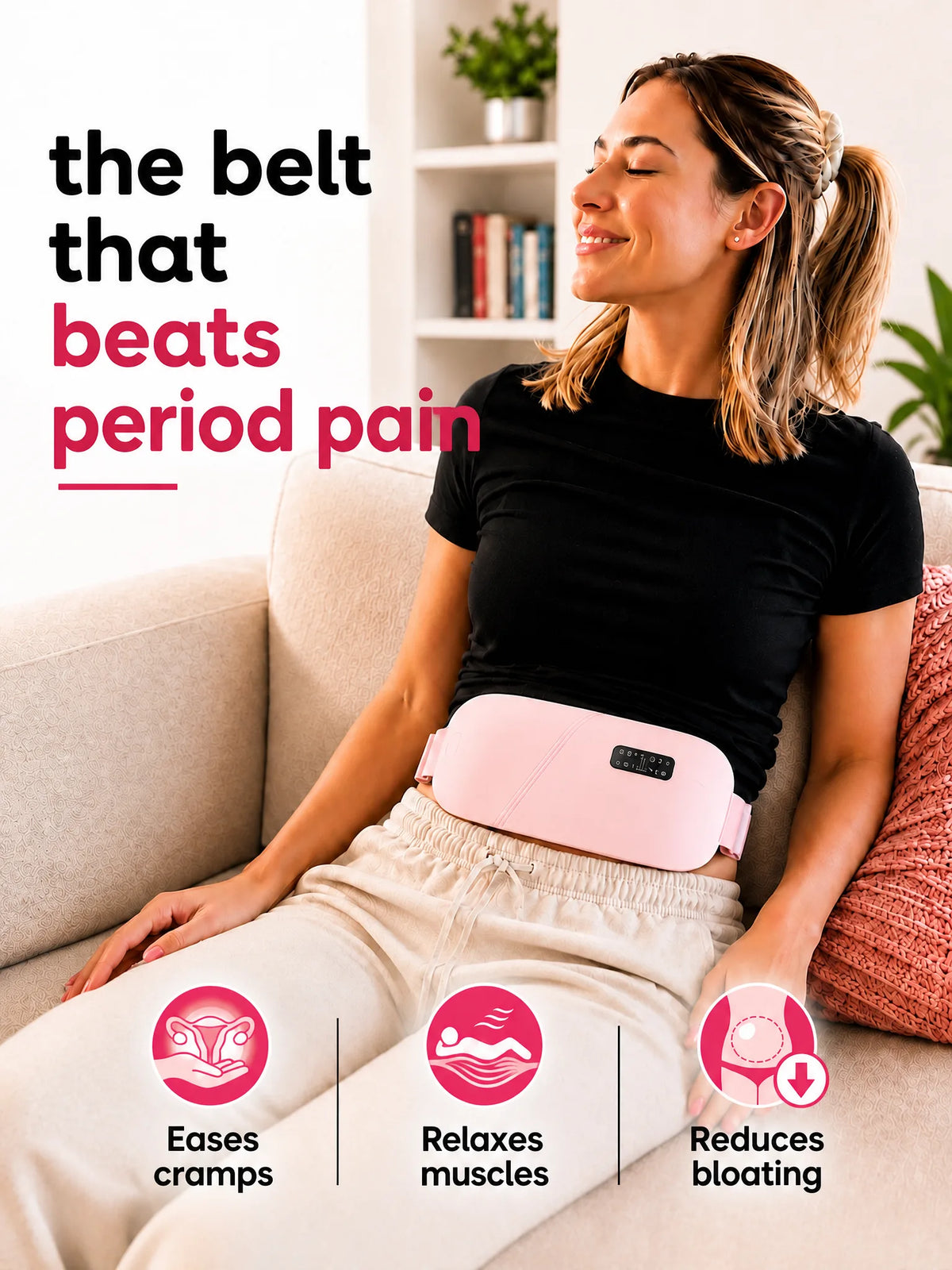 Woman relaxing on a sofa wearing the pink Period Relief Belt