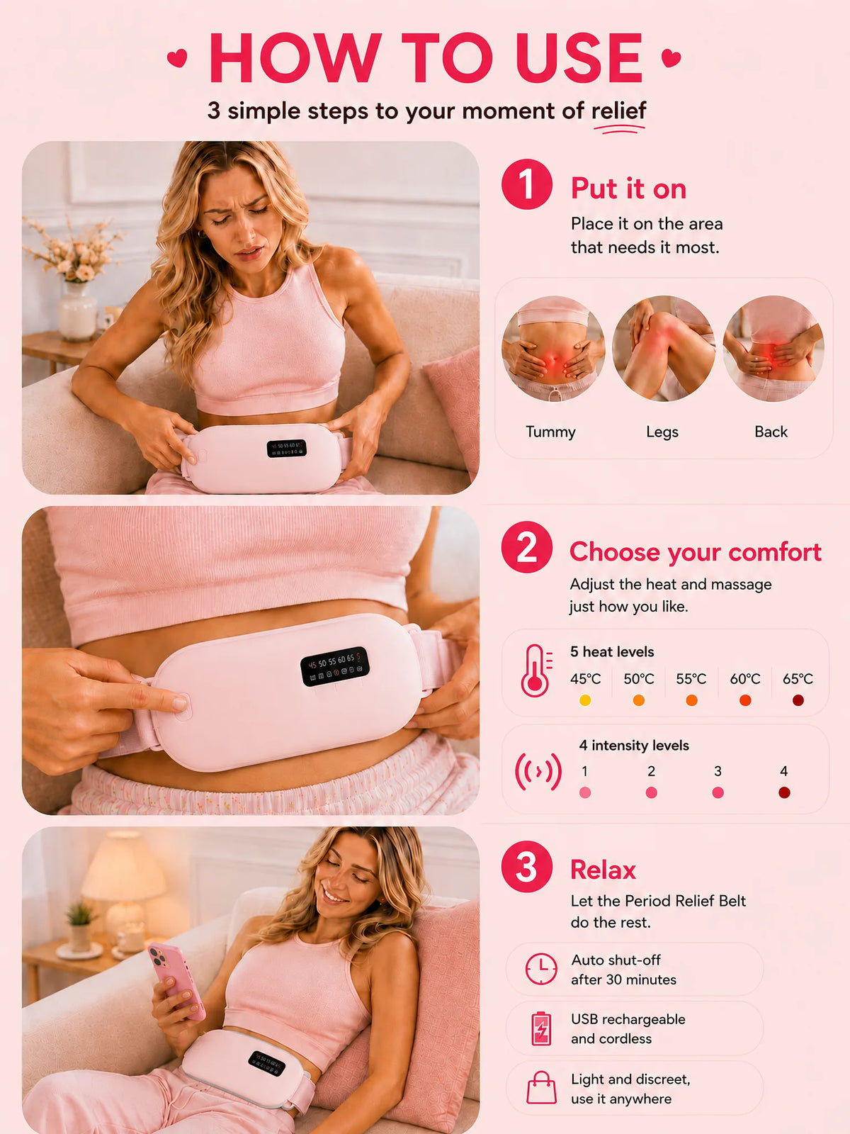 How to use the Period Relief Belt in 3 simple steps