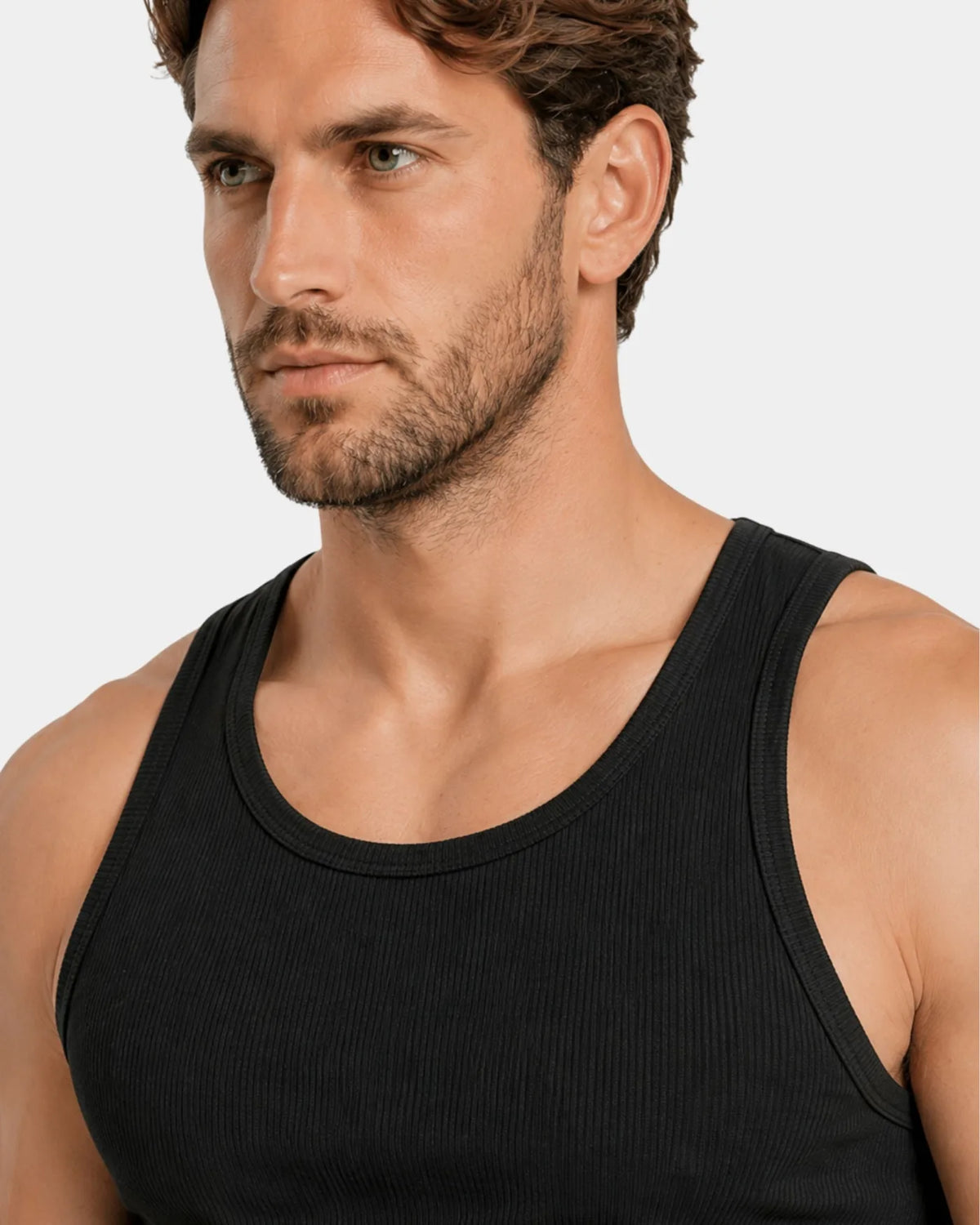 Close-up of the black Smart Fit Tank Top neckline and shoulder