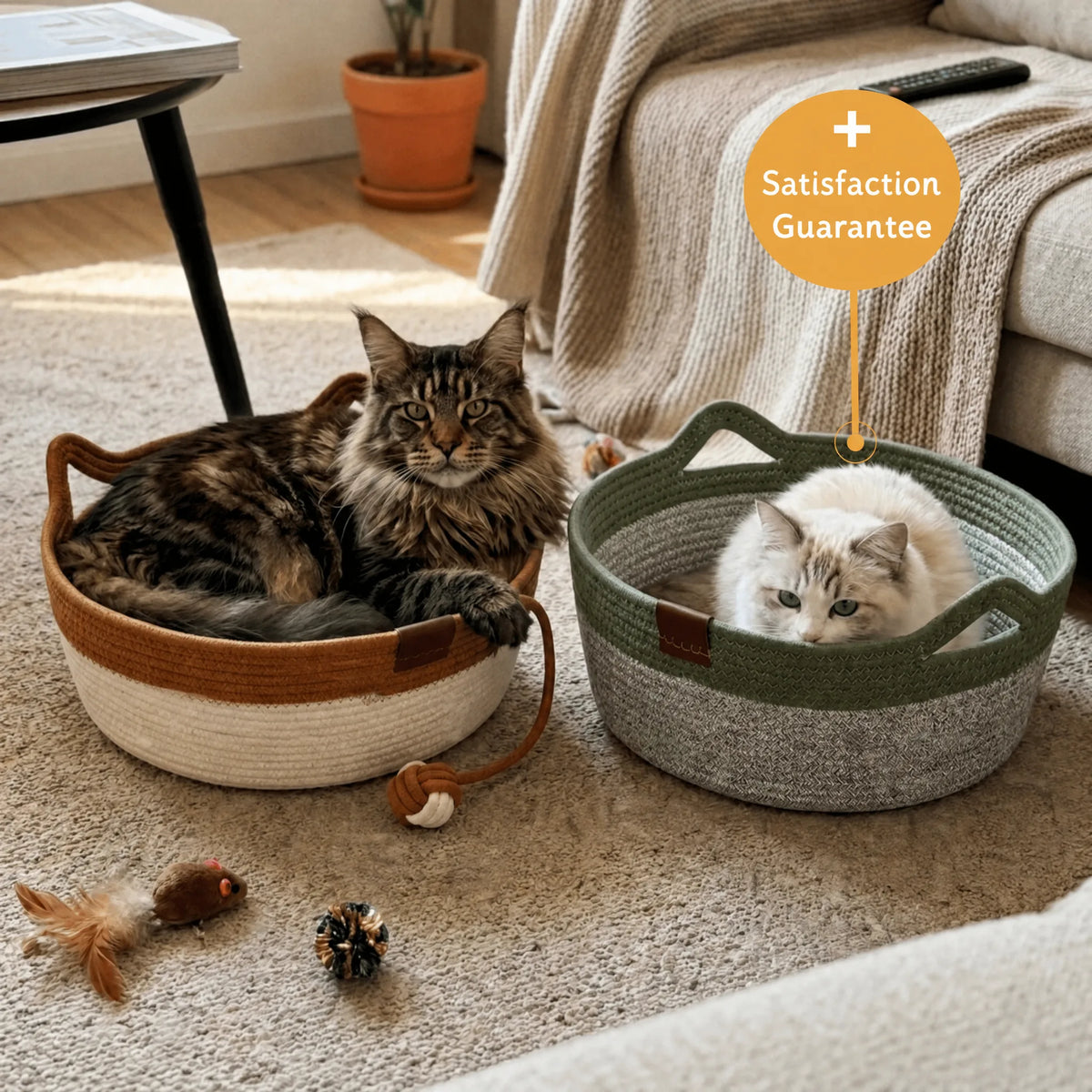 Woven Cat Nest with two cats in a living room, satisfaction guarantee badge