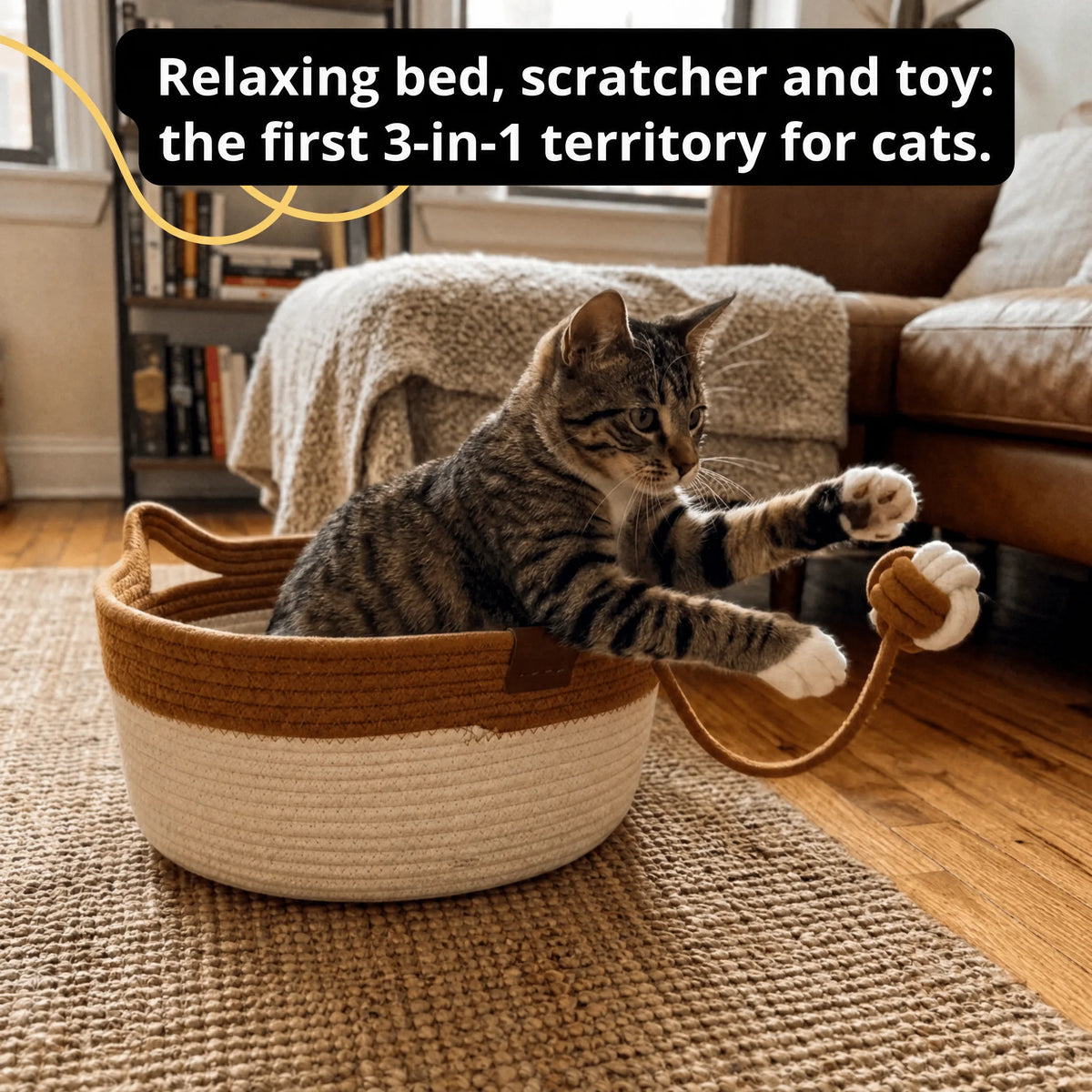 Tabby cat playing with the ball of the Woven Cat Nest, 3-in-1 bed, scratcher and toy