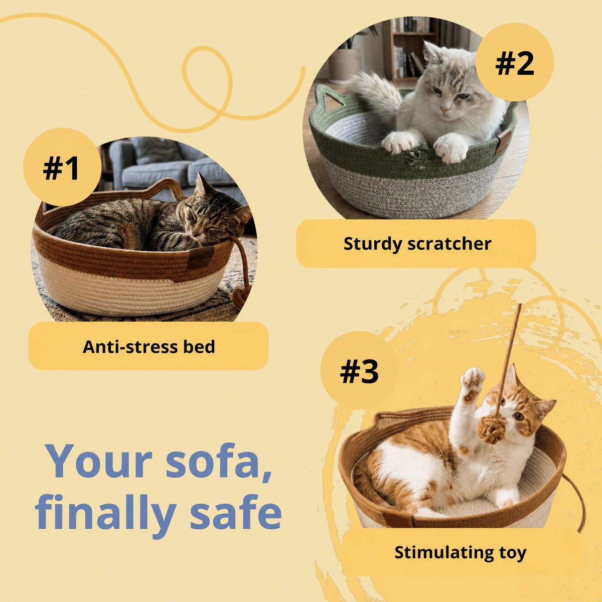 Woven Cat Nest benefits: anti-stress bed, sturdy scratcher, stimulating toy