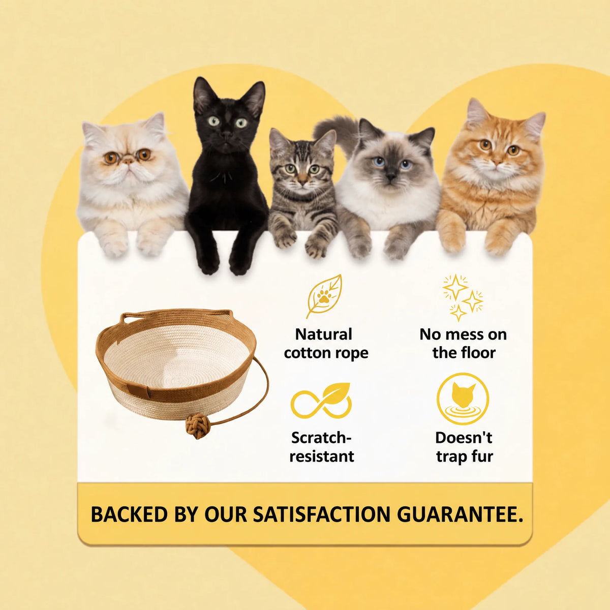 Woven Cat Nest features: natural cotton rope, no mess, scratch-resistant, doesn't trap fur