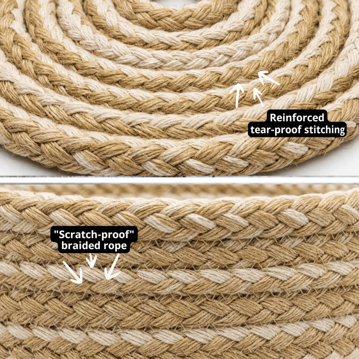 Close-up of the reinforced stitching and scratch-proof braided cotton rope