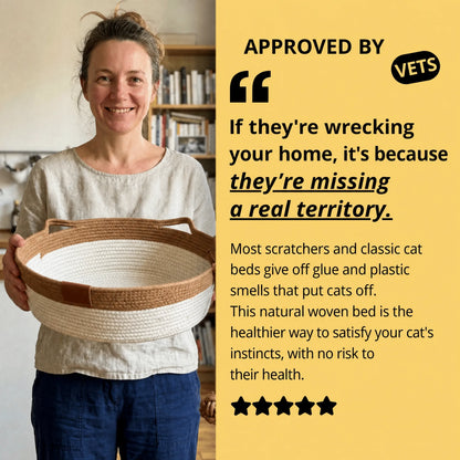 Woman holding the Woven Cat Nest, approved by vets