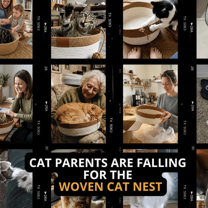 Cat parents enjoying the Woven Cat Nest at home