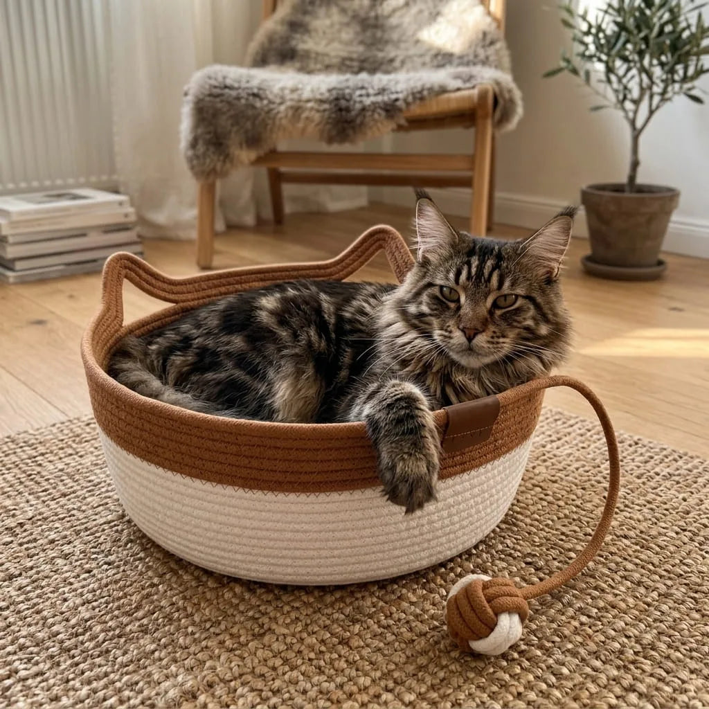 Tabby cat relaxing in the Brown Woven Cat Nest with its rope ball