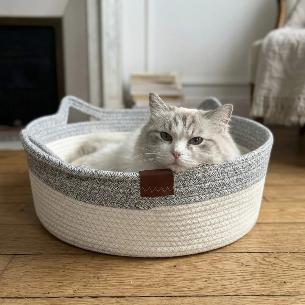 Fluffy cat resting in the Grey Woven Cat Nest