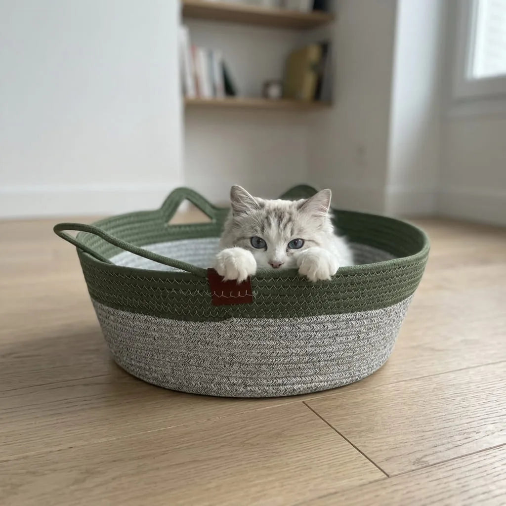 Kitten peeking out of the Green Woven Cat Nest