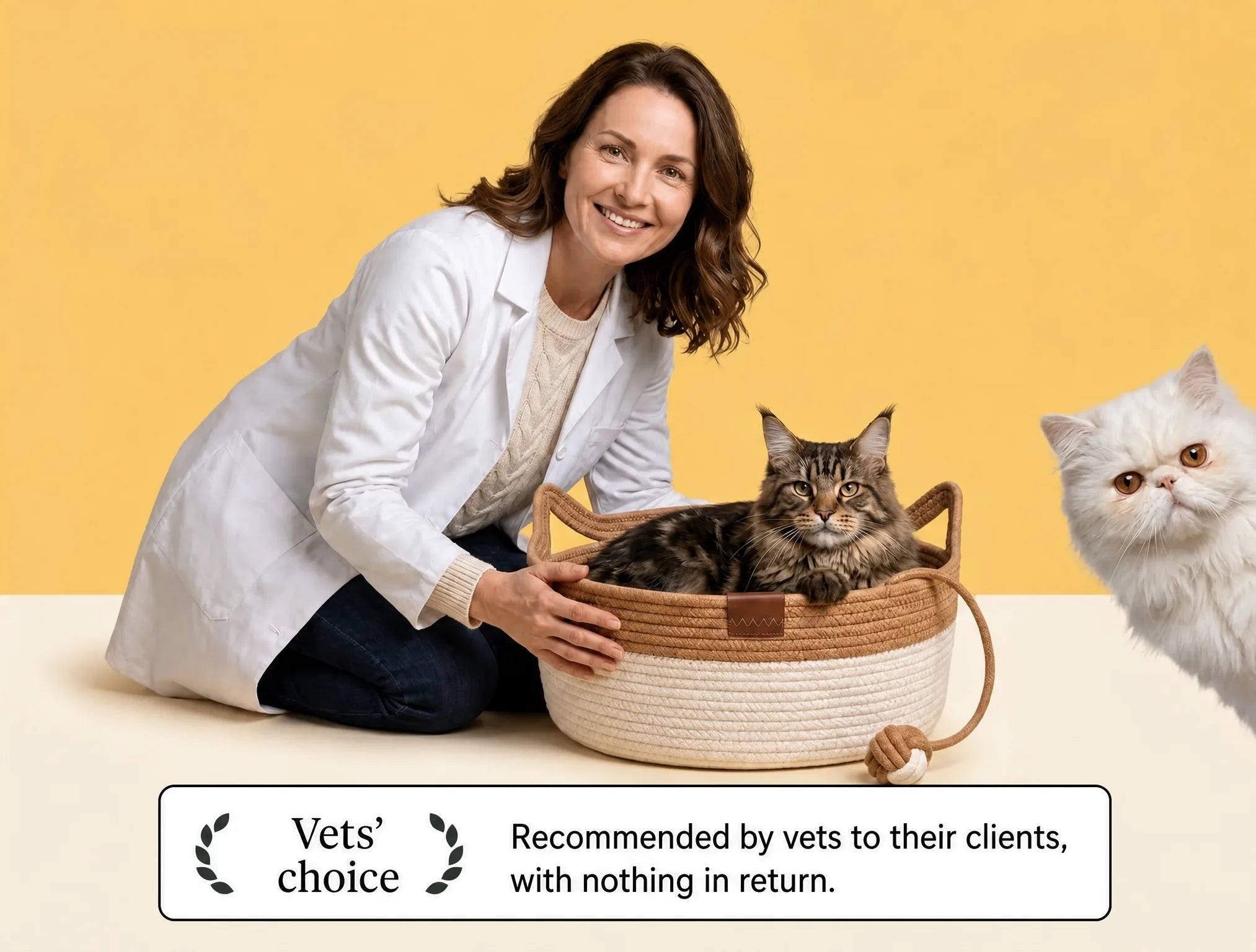 A vet with two cats and the Woven Cat Nest, vets' choice