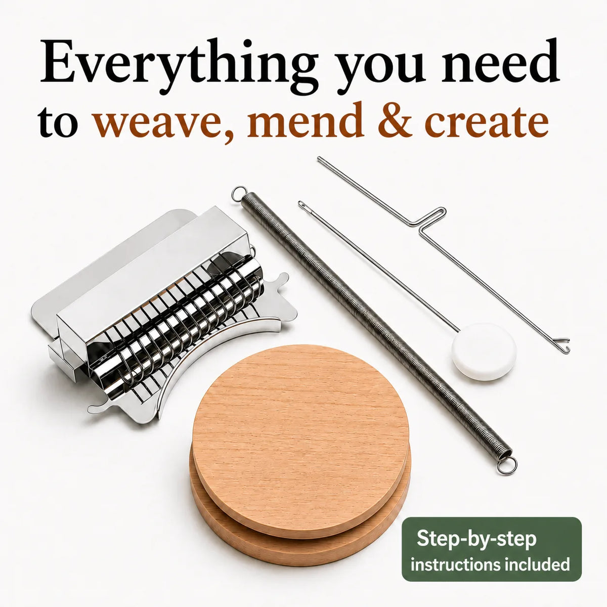 Weave and mend kit contents: darning loom, wooden discs, spring and threading tools, with step-by-step instructions included