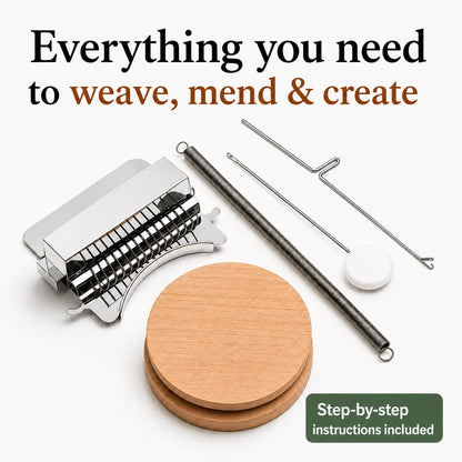 Weave and mend kit contents: darning loom, wooden discs, spring and threading tools, with step-by-step instructions included