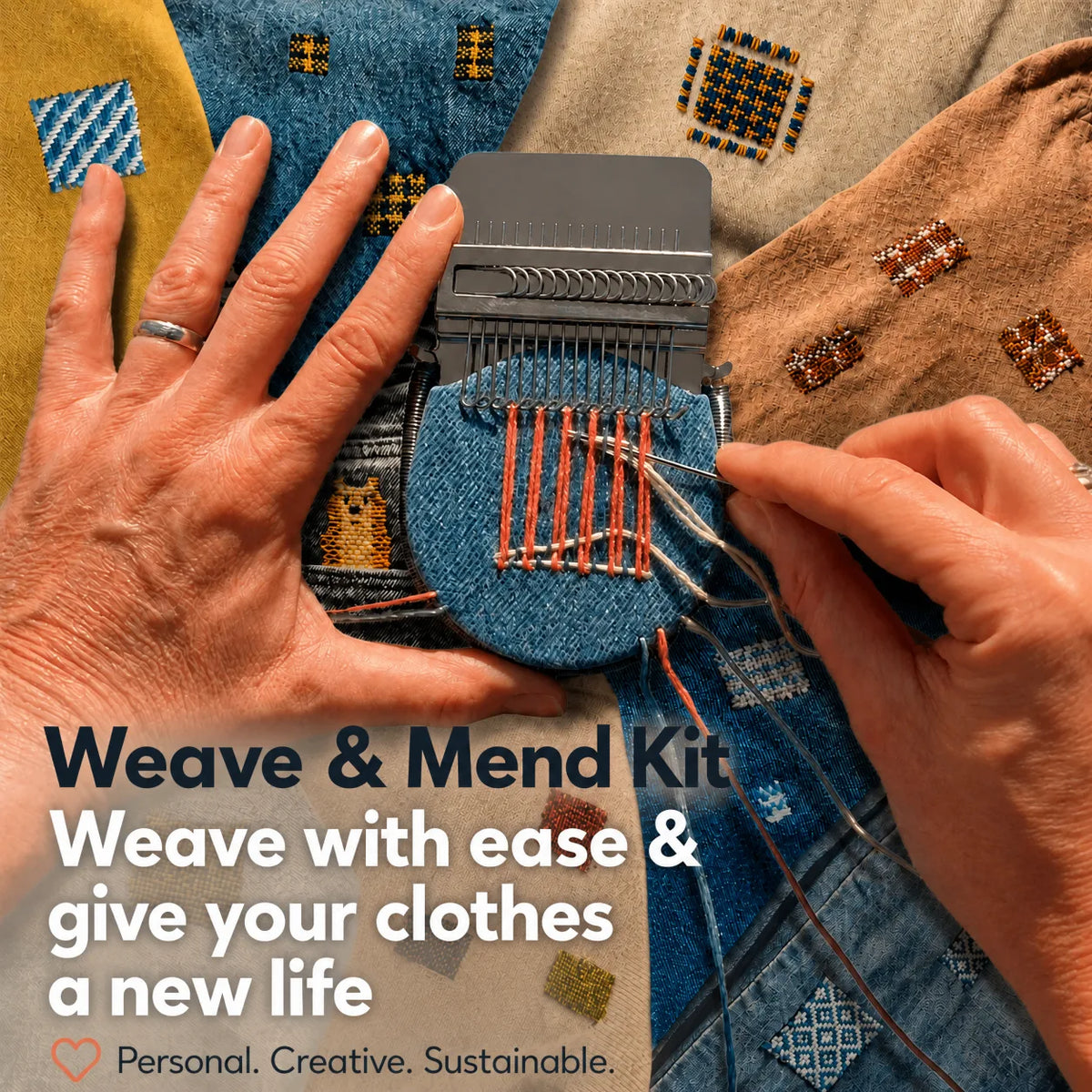 Hands weaving a colourful patch on denim with the darning loom