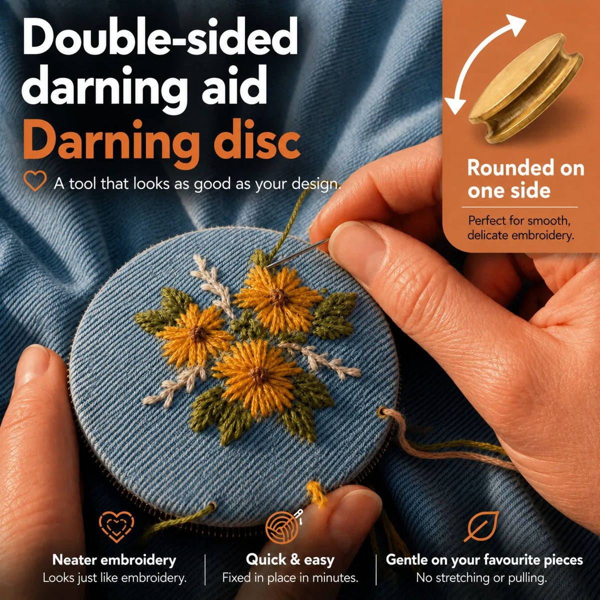 Double-sided wooden darning disc used for embroidery on denim