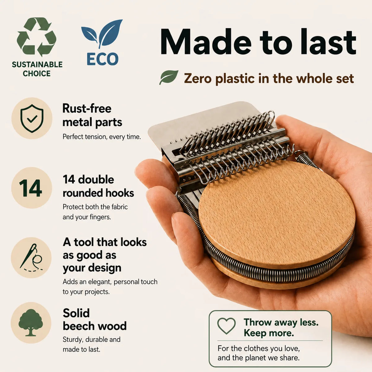 Darning loom with beech wood disc held in hand, made to last with zero plastic